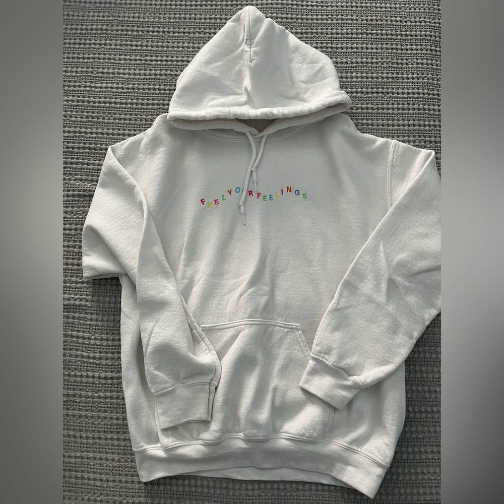 Feel Your Feelings Hoodie White with bright writing like new Medium